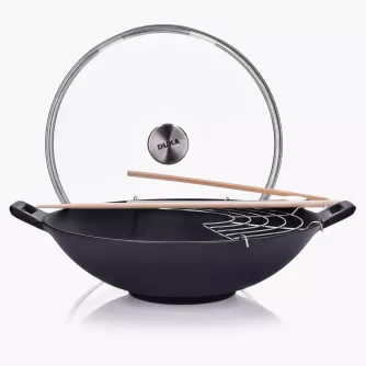 Wok pánev s poklicí, roštem, kleštěmi a bambusovými hůlkami DUKA BJORN, černá litina, průměr 30 cm